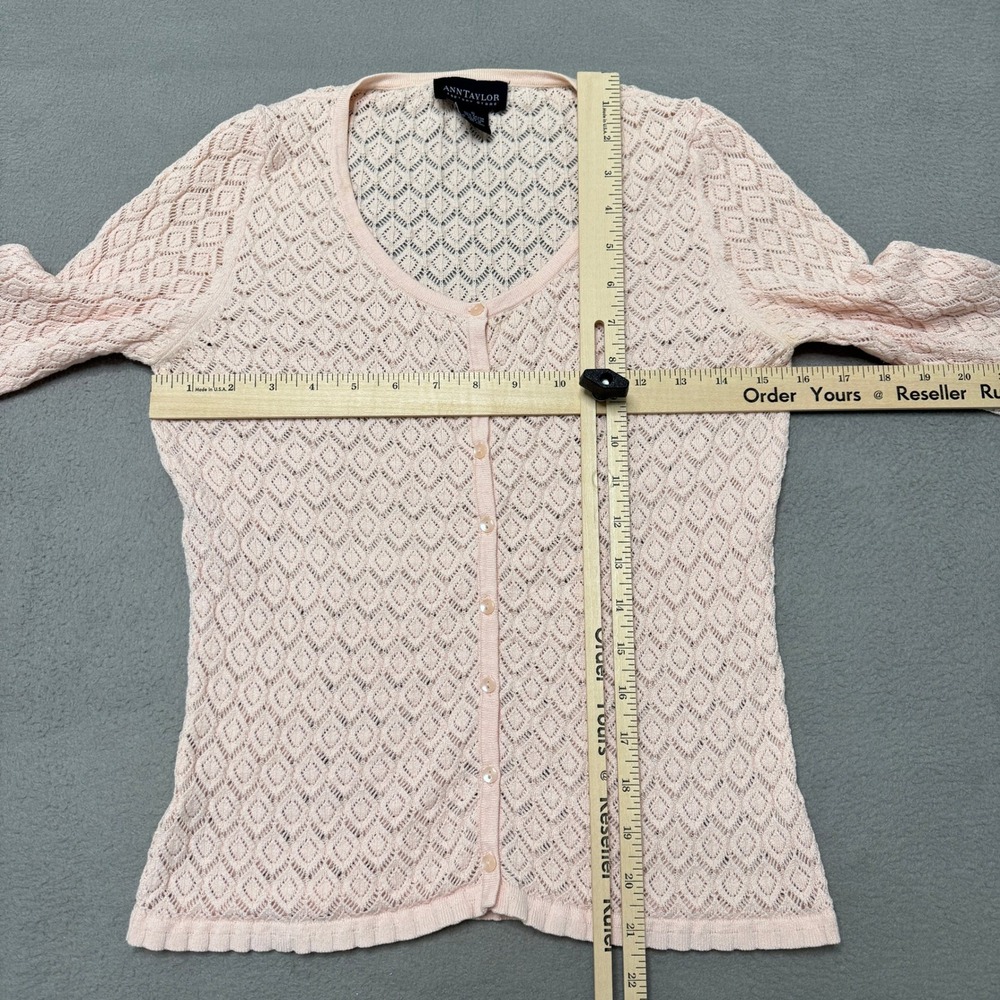 Ann Taylor Cardigan Women Small Pink Pointelle Knit Ruffle Hem Coquette Romantic - Picture 5 of 7